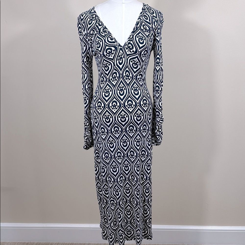 Boden Black White Geometric Print Midi Dress Long Sleeve Viscose Women Size 6P